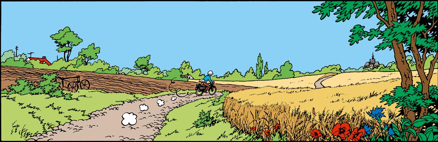Tintin à moto au printemps dans Tintin et les Picaros